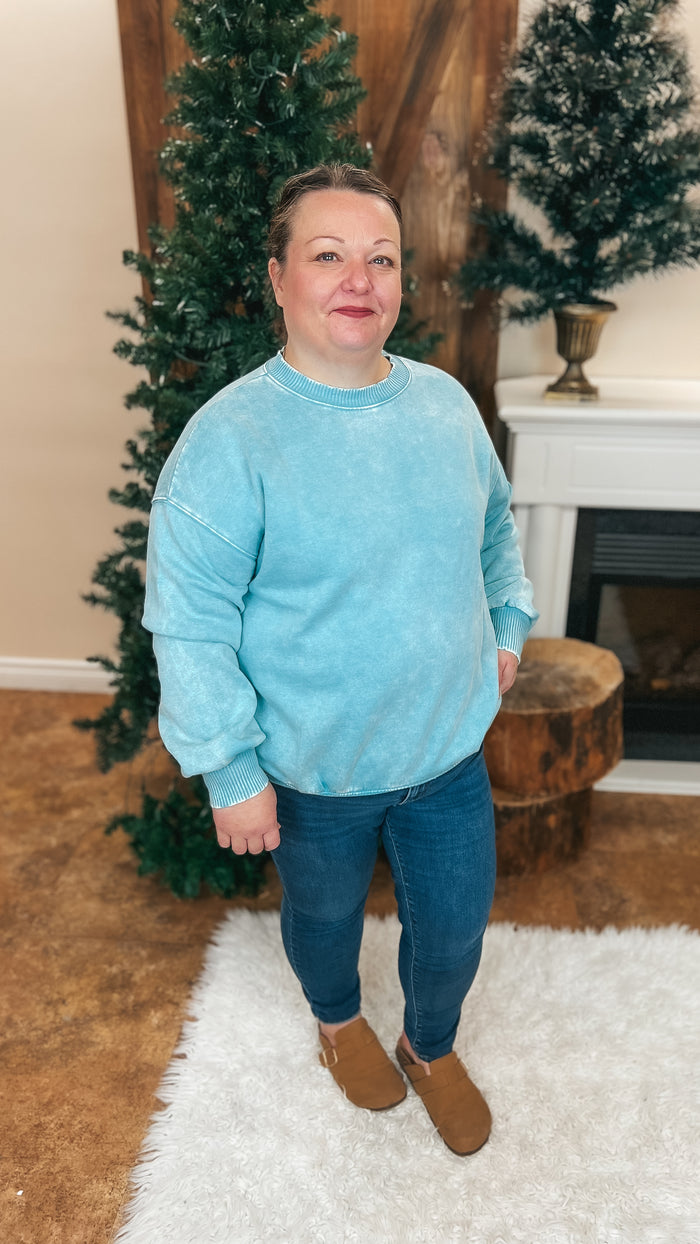 Jade Acid Wash Sweater: Teal