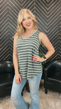 Emily Stripe Tank Top: Olive Green & Ivory