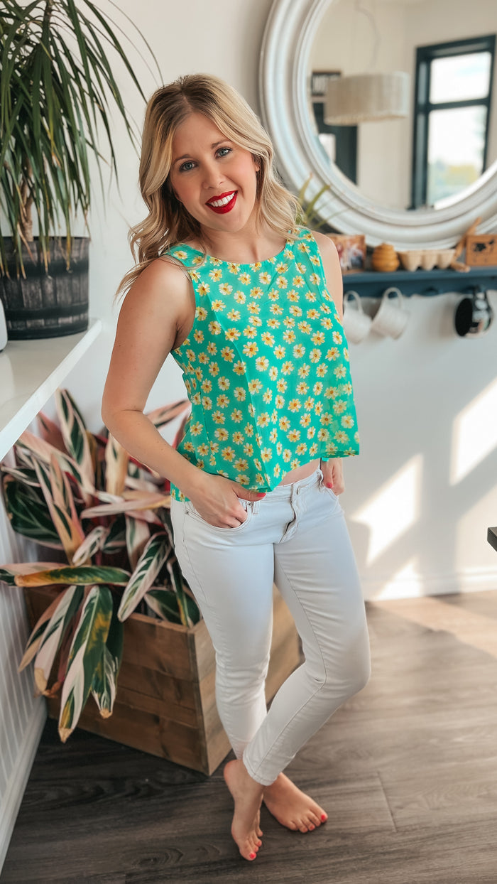 Green floral daisy tank top blouse