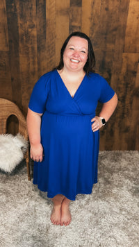 Cobalt blue wrap dress with elastic waist