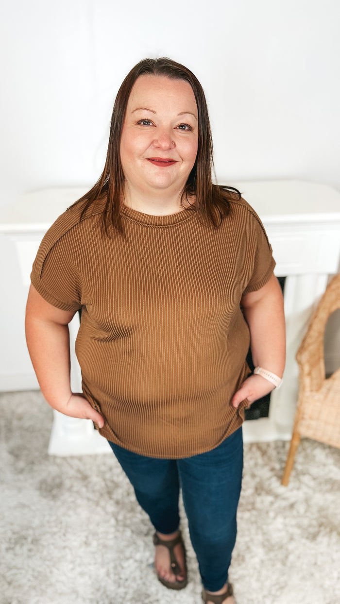 Valerie Textured Rib Top: Brown