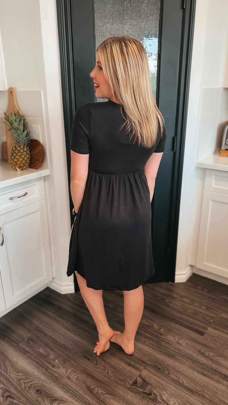 Black wrap dress with elastic waist