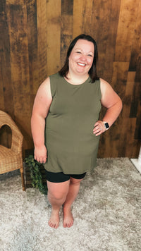 Olive tank top with wide straps and stretchy fit