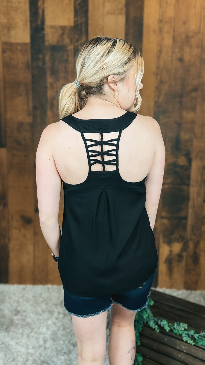 black blouse tank top with strappy back detail