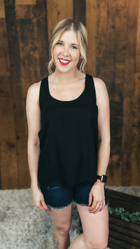 black blouse tank top with strappy back detail