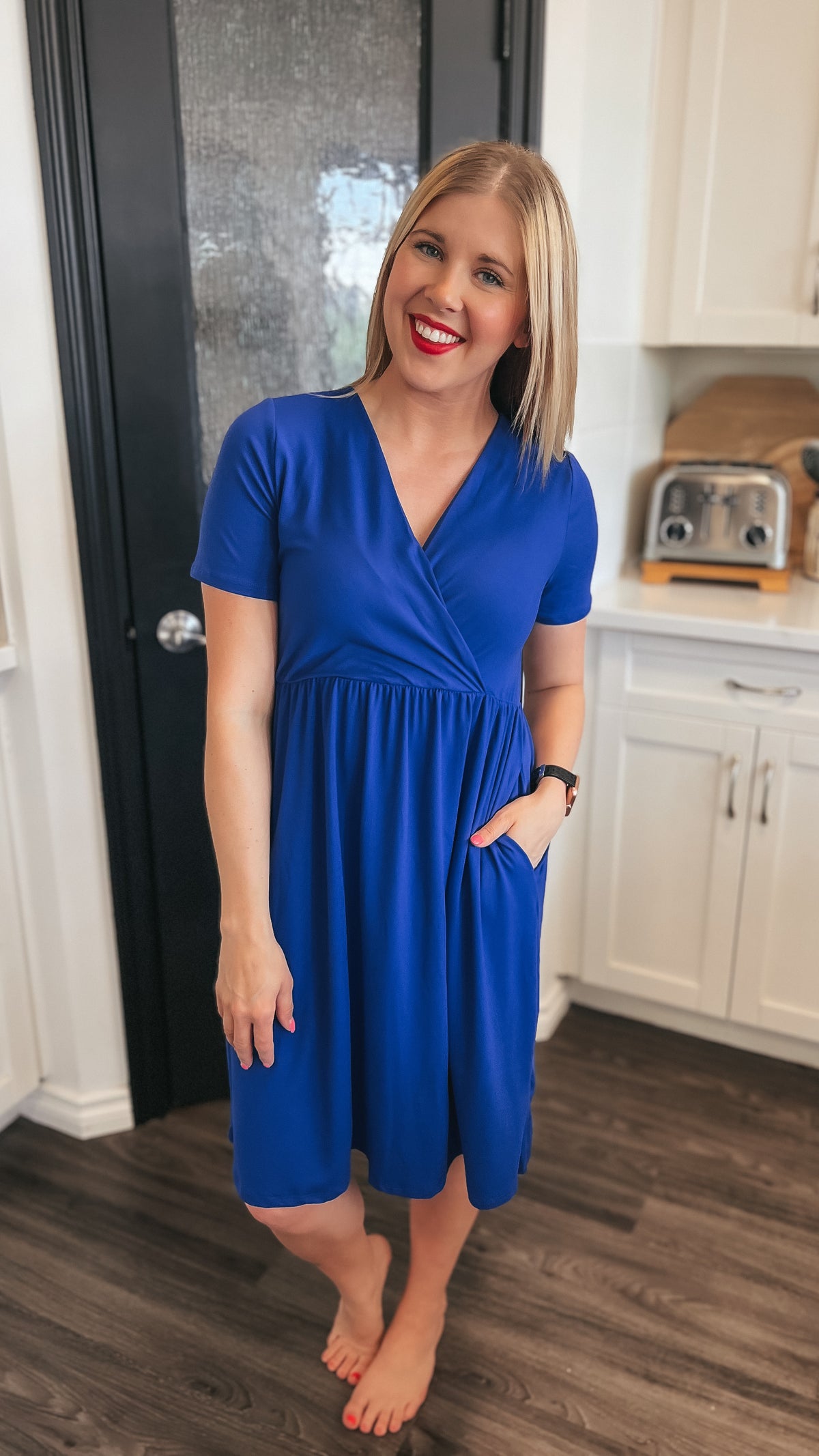 Cobalt blue wrap dress with elastic waist