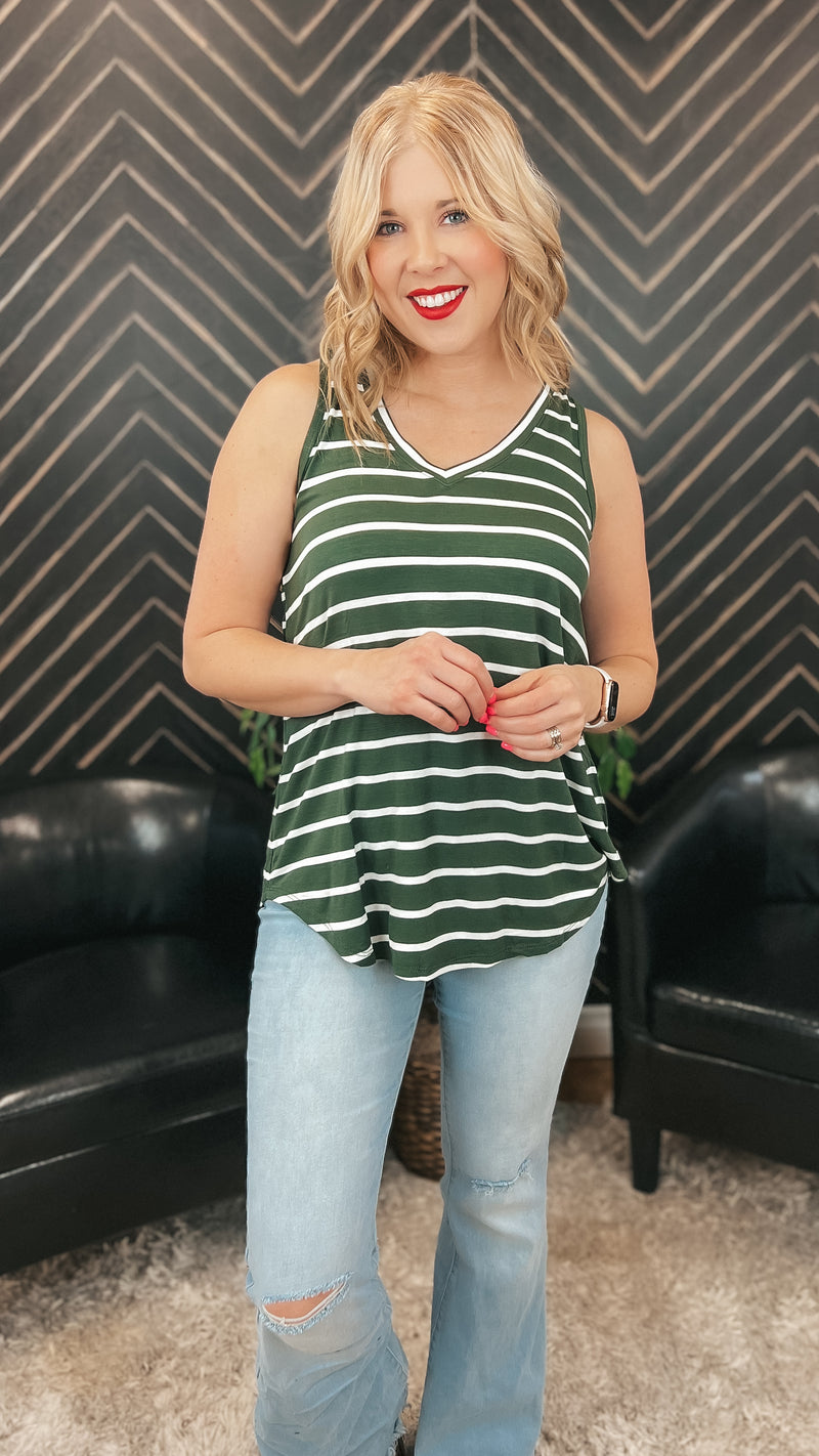 Emily Stripe Tank Top: Army Green & Ivory