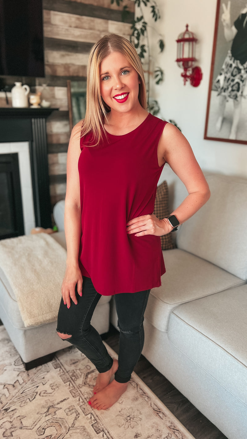 wide strap dressy tank top in wine