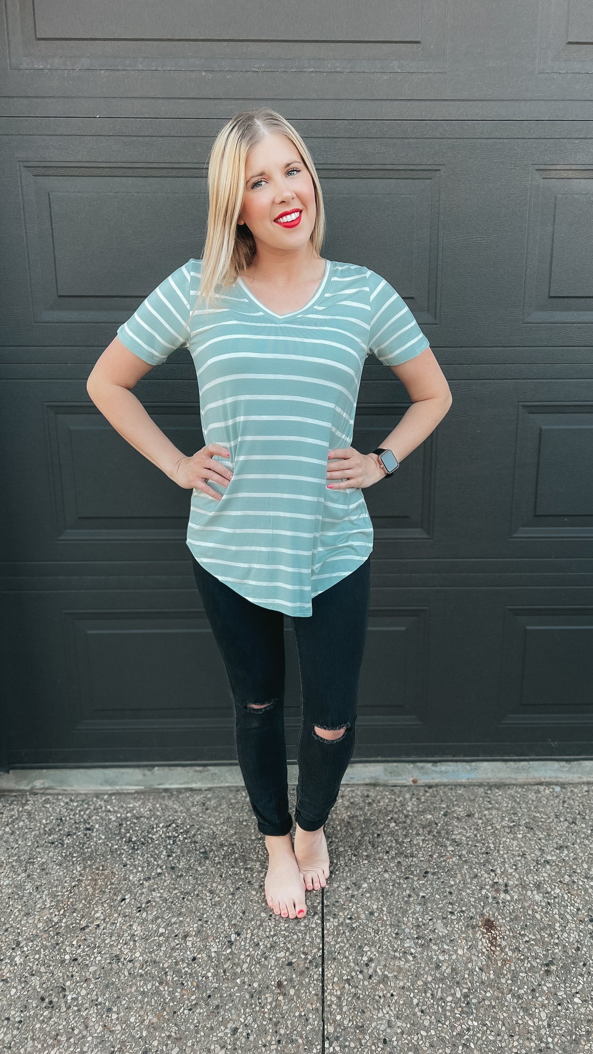 soft green and ivory stripe v neck tee