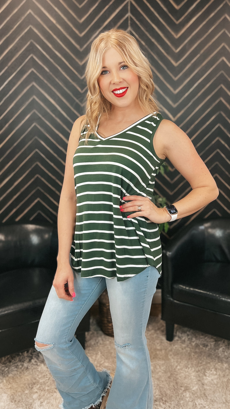 Emily Stripe Tank Top: Army Green & Ivory