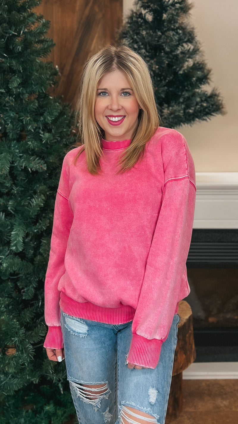 Jade Acid Wash Sweater: Fuchsia