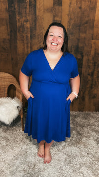 Cobalt blue wrap dress with elastic waist