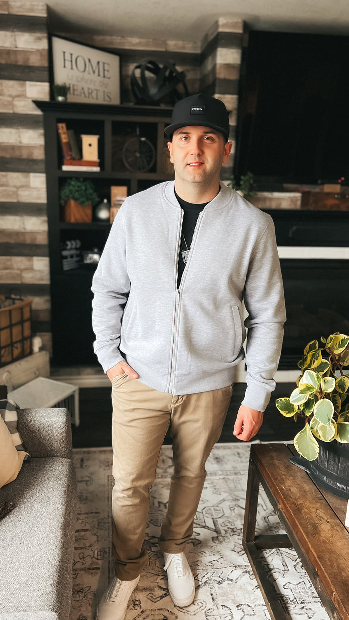 mens grey zip up sweater with pockets and flat collar