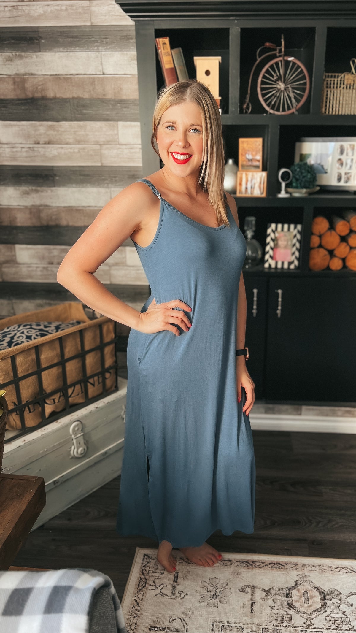 Soft cotton tank top midi dress in blue