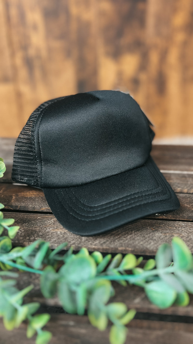 Black mesh back trucker style baseball hat