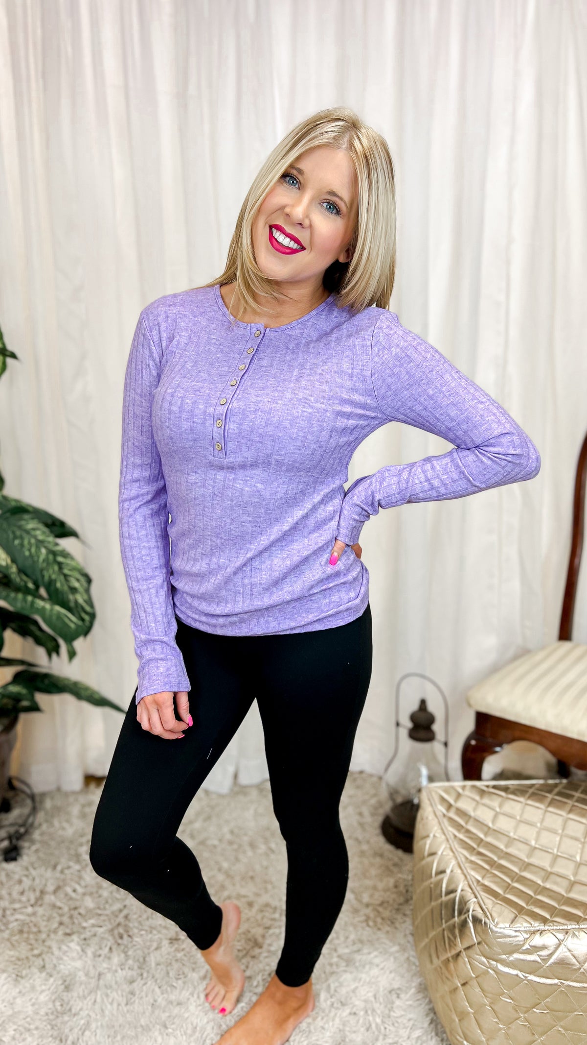 Suehelen Long Sleeve Henley: Lavender