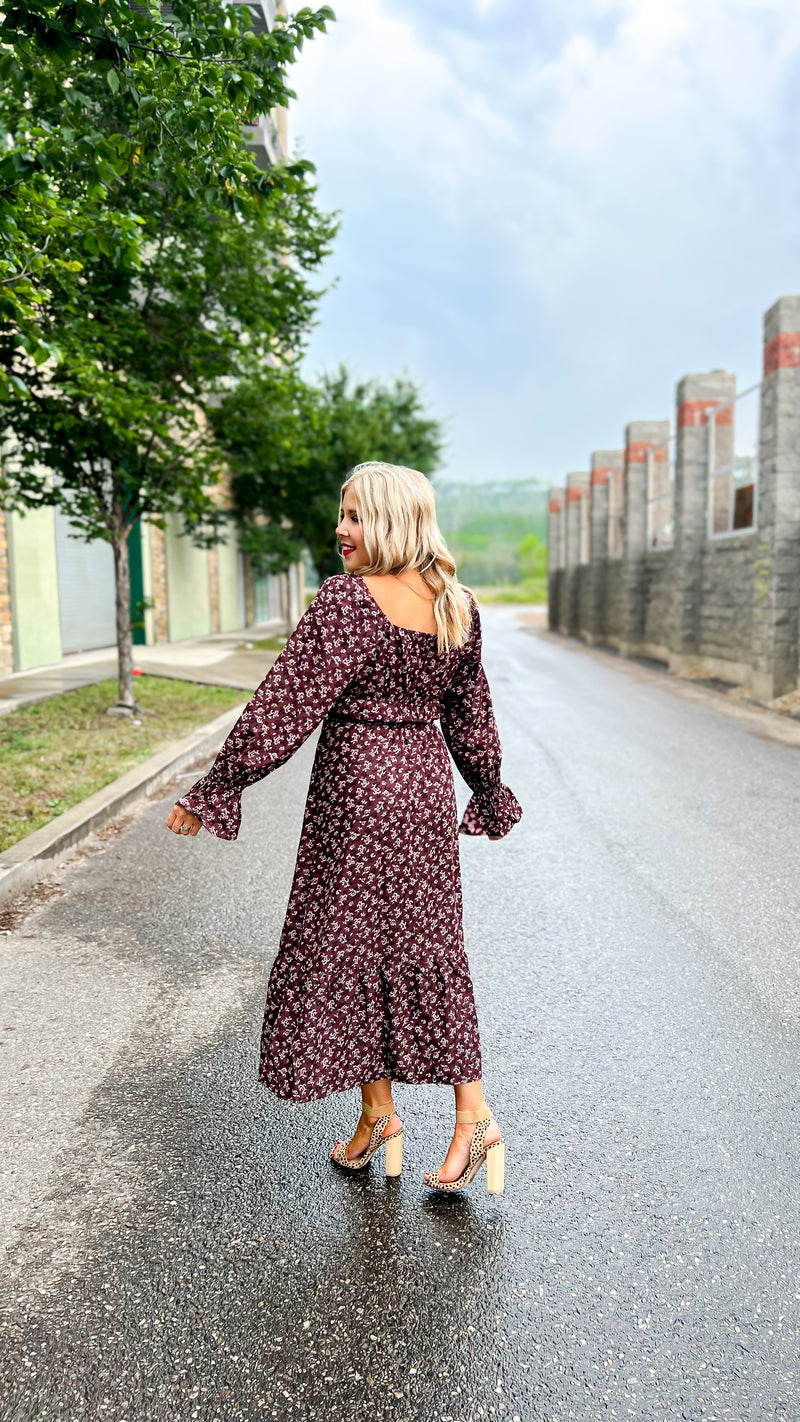 Teresa Floral Long Sleeve Dress: Brown