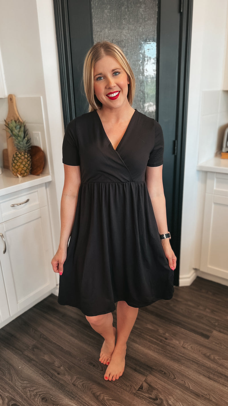 Black wrap dress with elastic waist