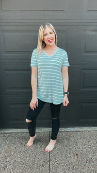 soft green and ivory stripe v neck tee