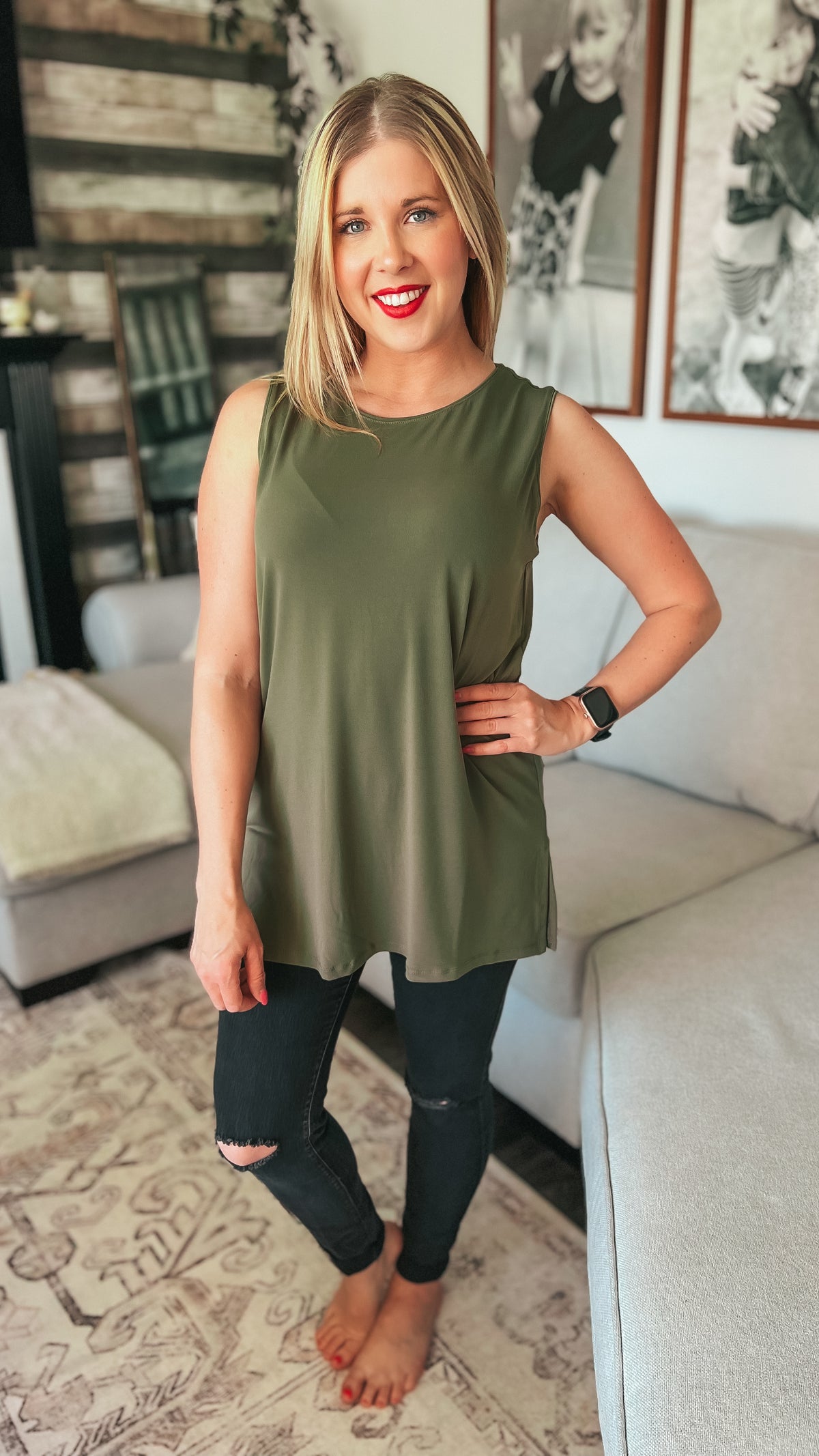 Olive tank top with wide straps and stretchy fit