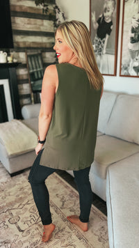 Olive tank top with wide straps and stretchy fit