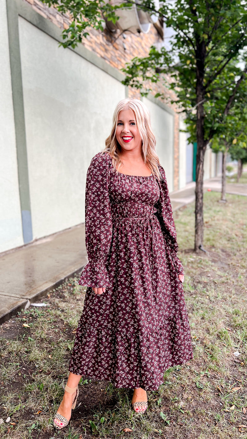 Teresa Floral Long Sleeve Dress: Brown