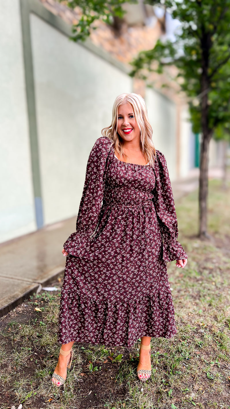 Teresa Floral Long Sleeve Dress: Brown