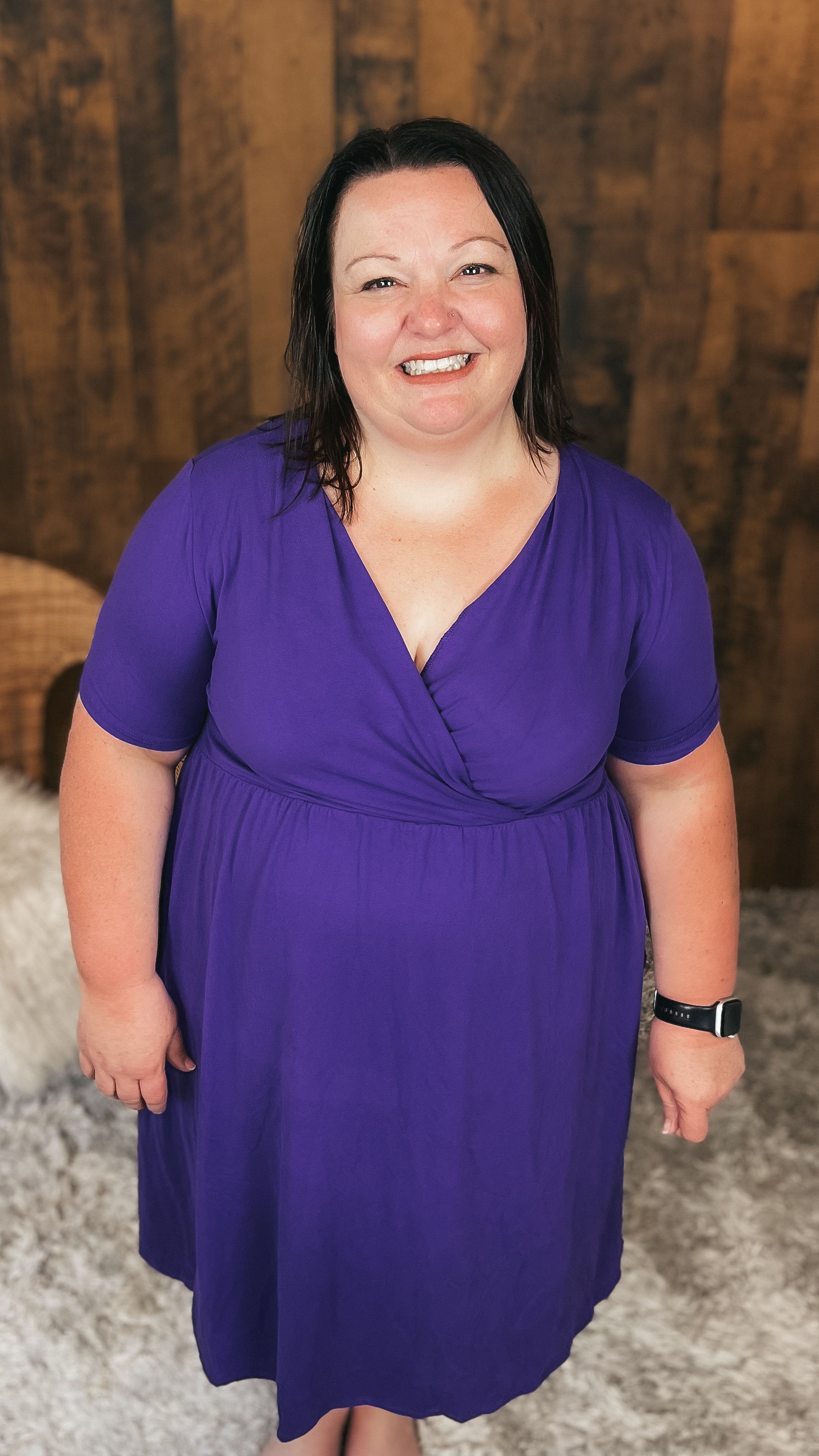 Purple wrap dress plus size hotsell