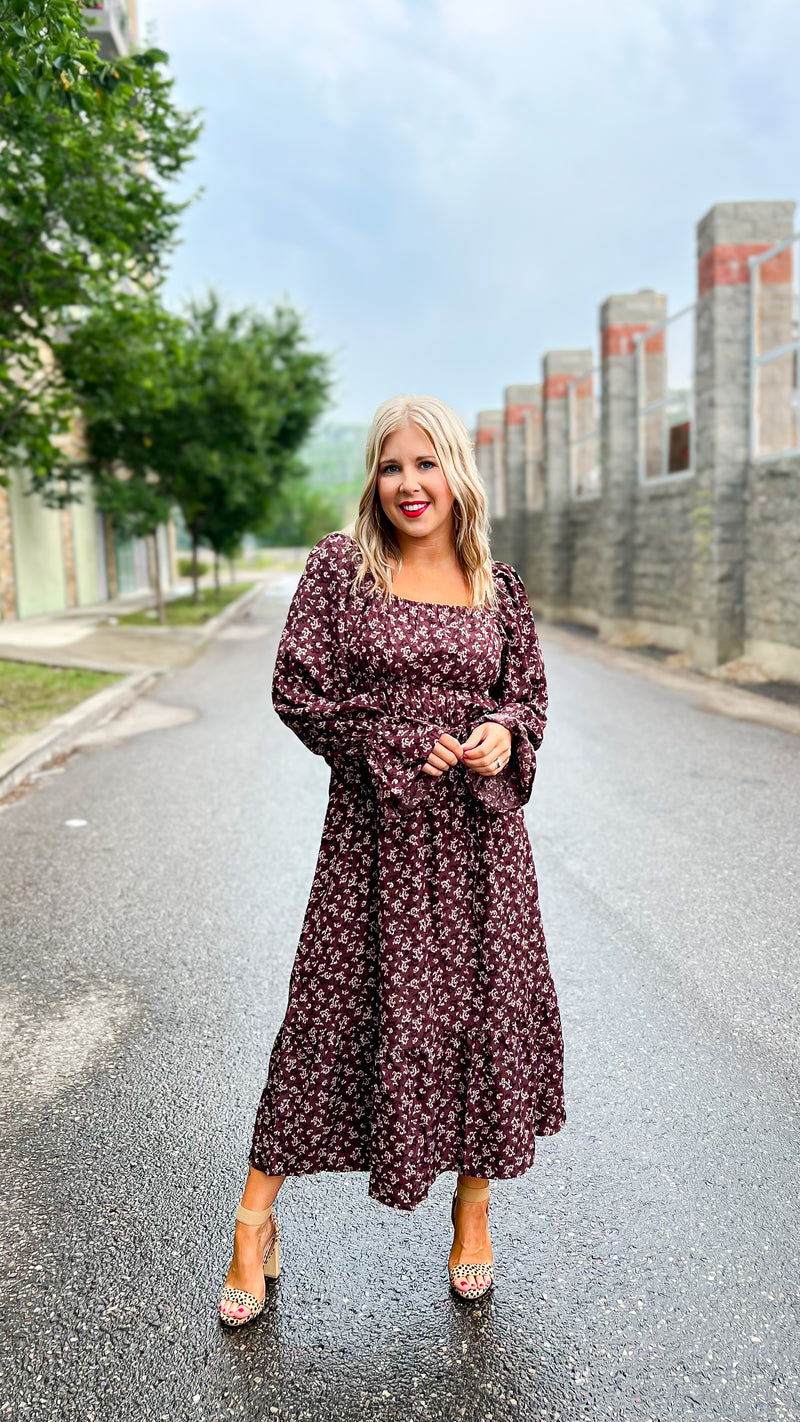 Teresa Floral Long Sleeve Dress: Brown