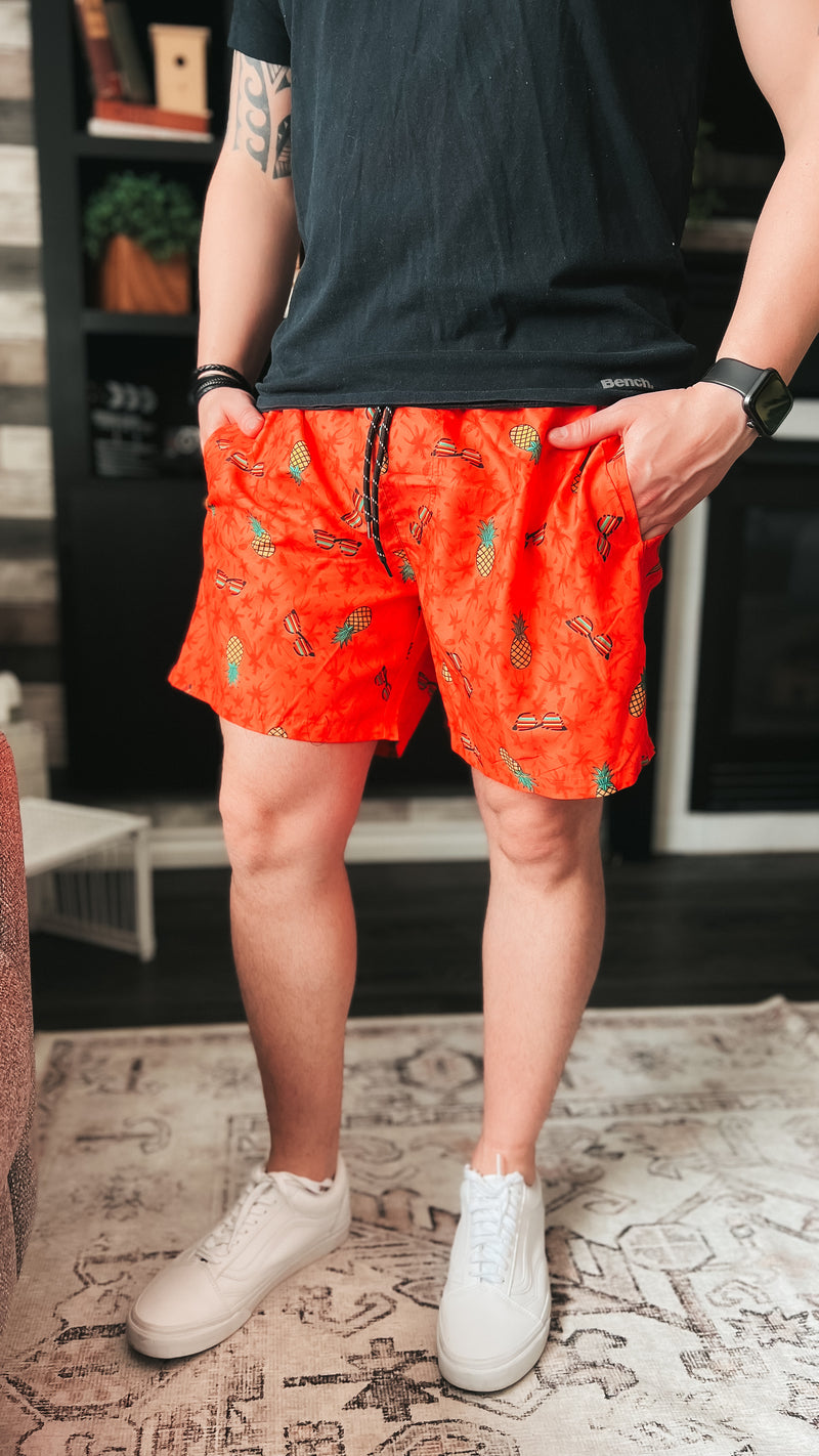 Orange pineapple and sunglasses mens swim shorts