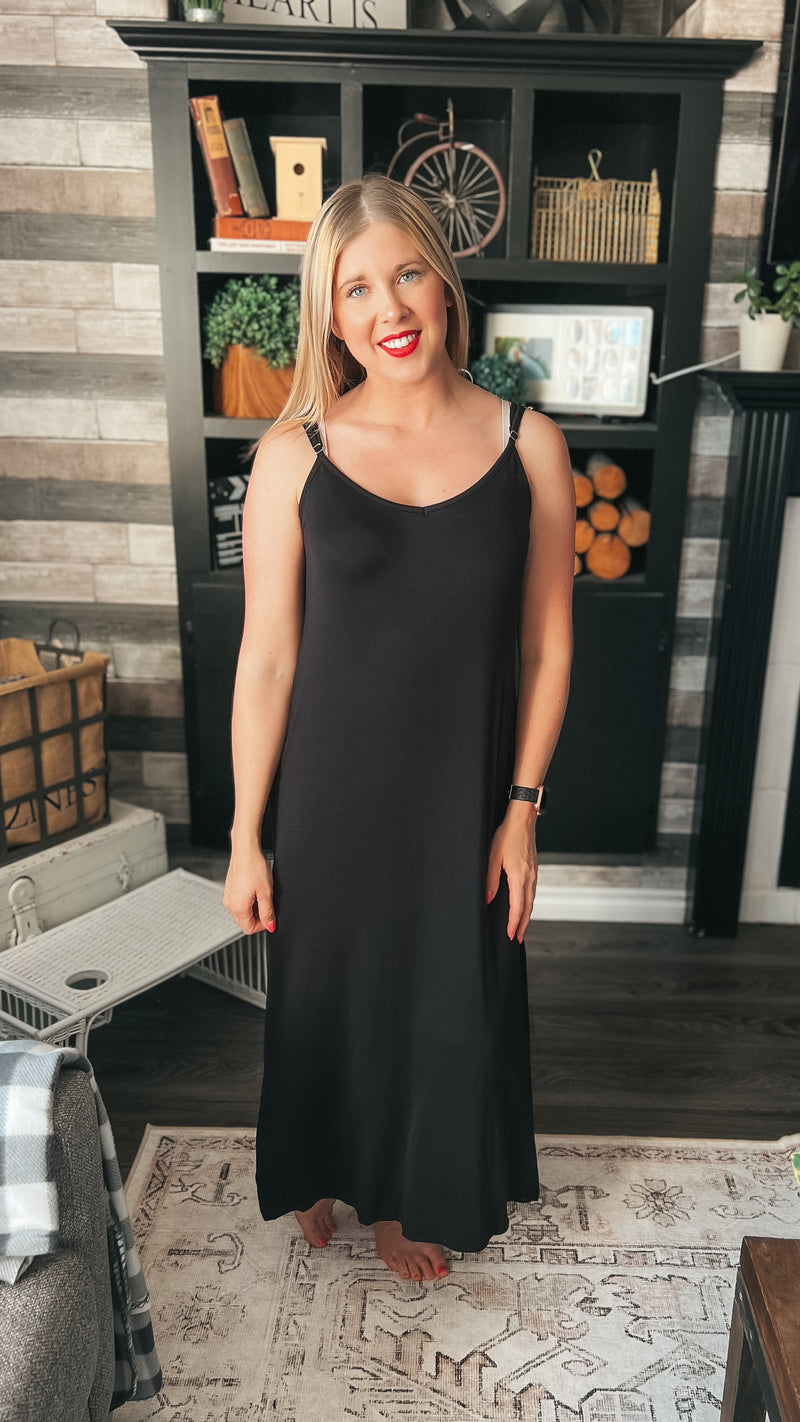 black cotton tank top midi dress