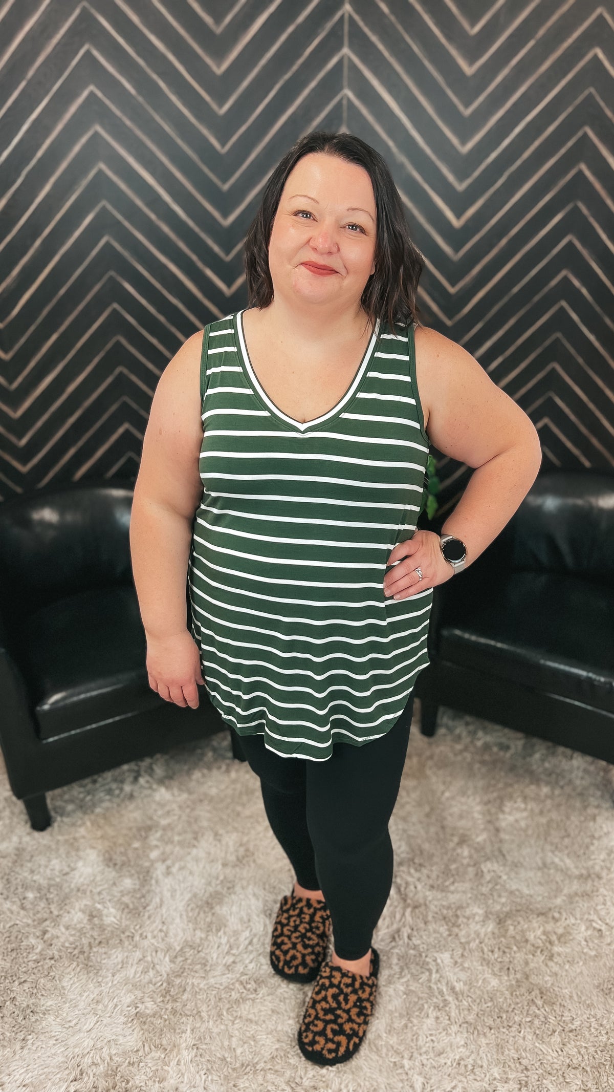 Emily Stripe Tank Top: Army Green & Ivory