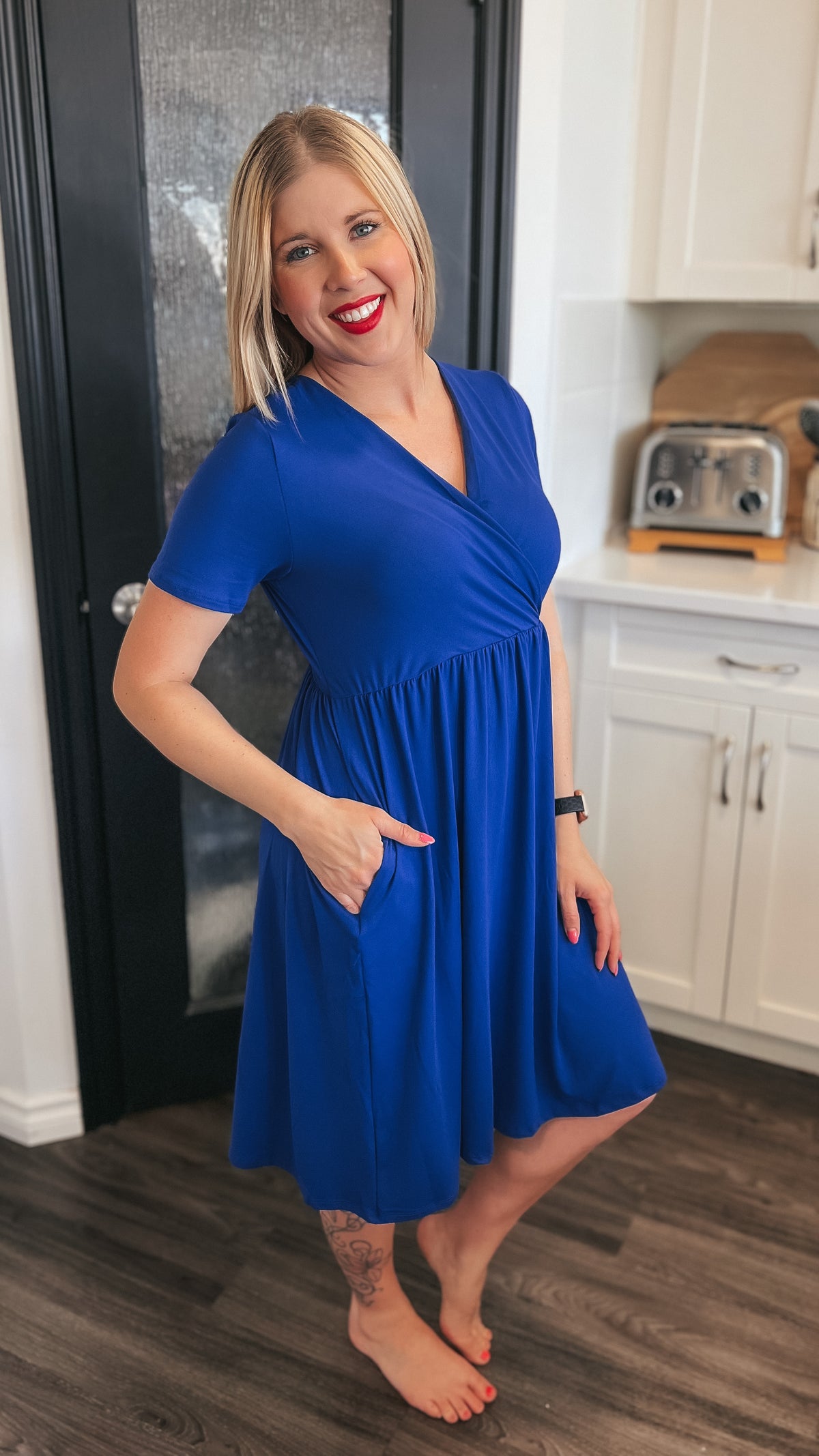 Cobalt blue wrap dress with elastic waist