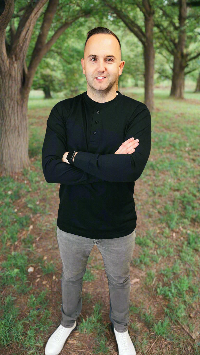 Michael Cotton Henley Long Sleeve: Black