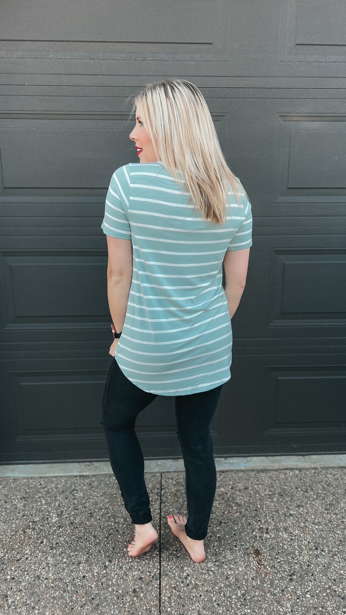 soft green and ivory stripe v neck tee