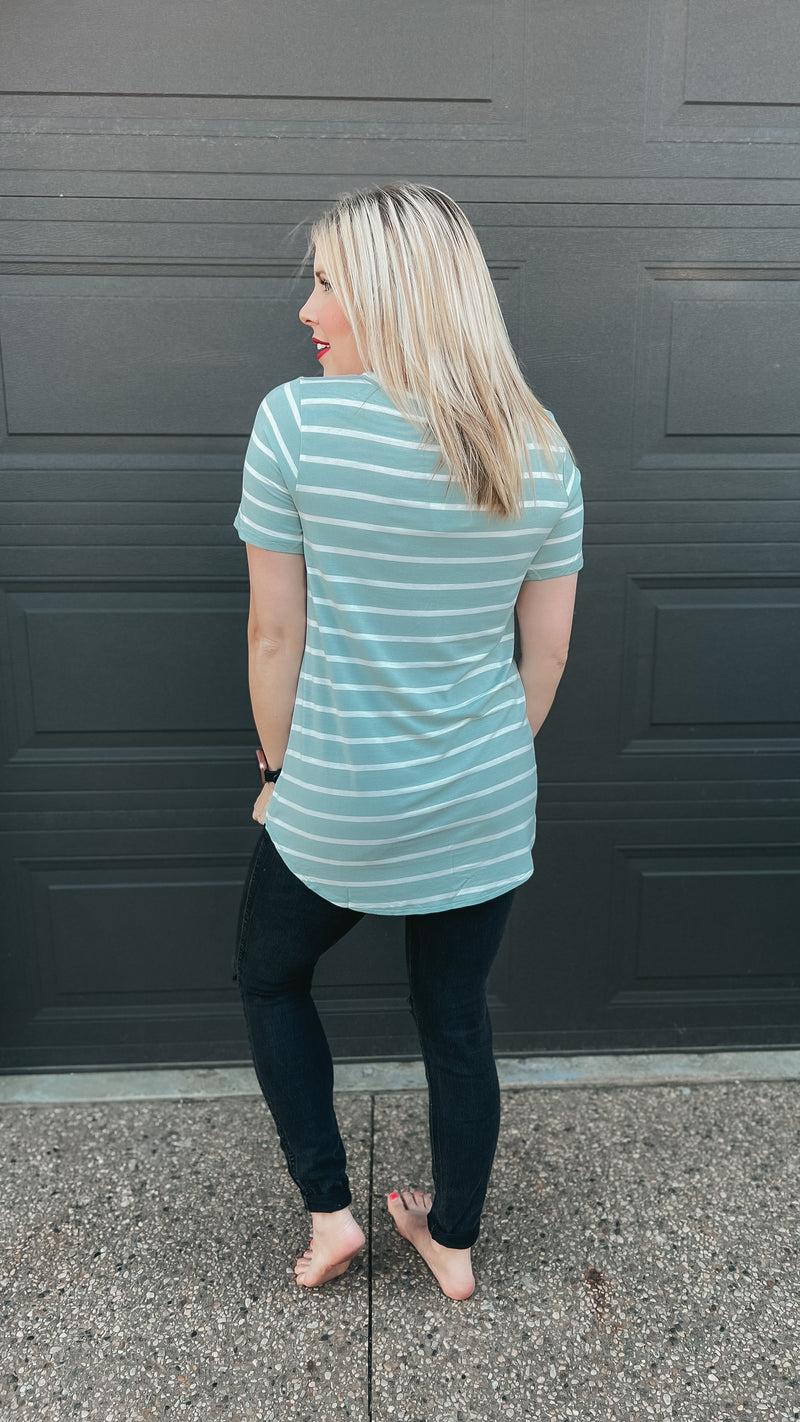 soft green and ivory stripe v neck tee