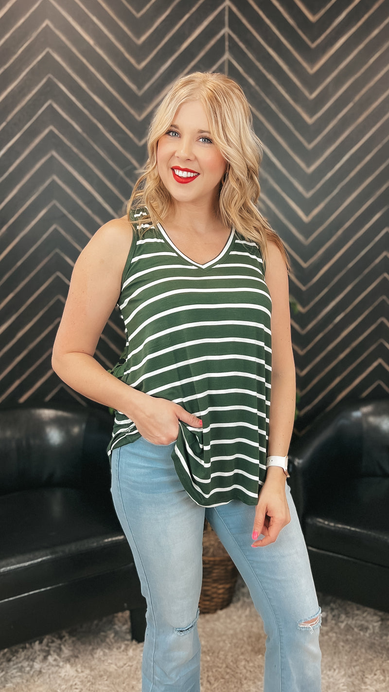 Emily Stripe Tank Top: Army Green & Ivory