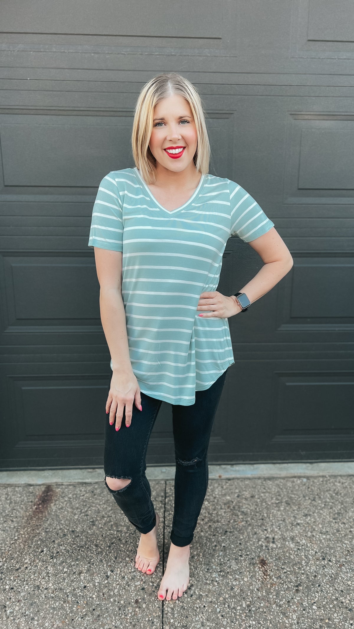 soft green and ivory stripe v neck tee