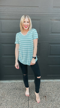 soft green and ivory stripe v neck tee