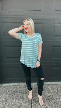 soft green and ivory stripe v neck tee