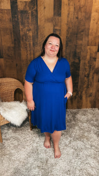 Cobalt blue wrap dress with elastic waist