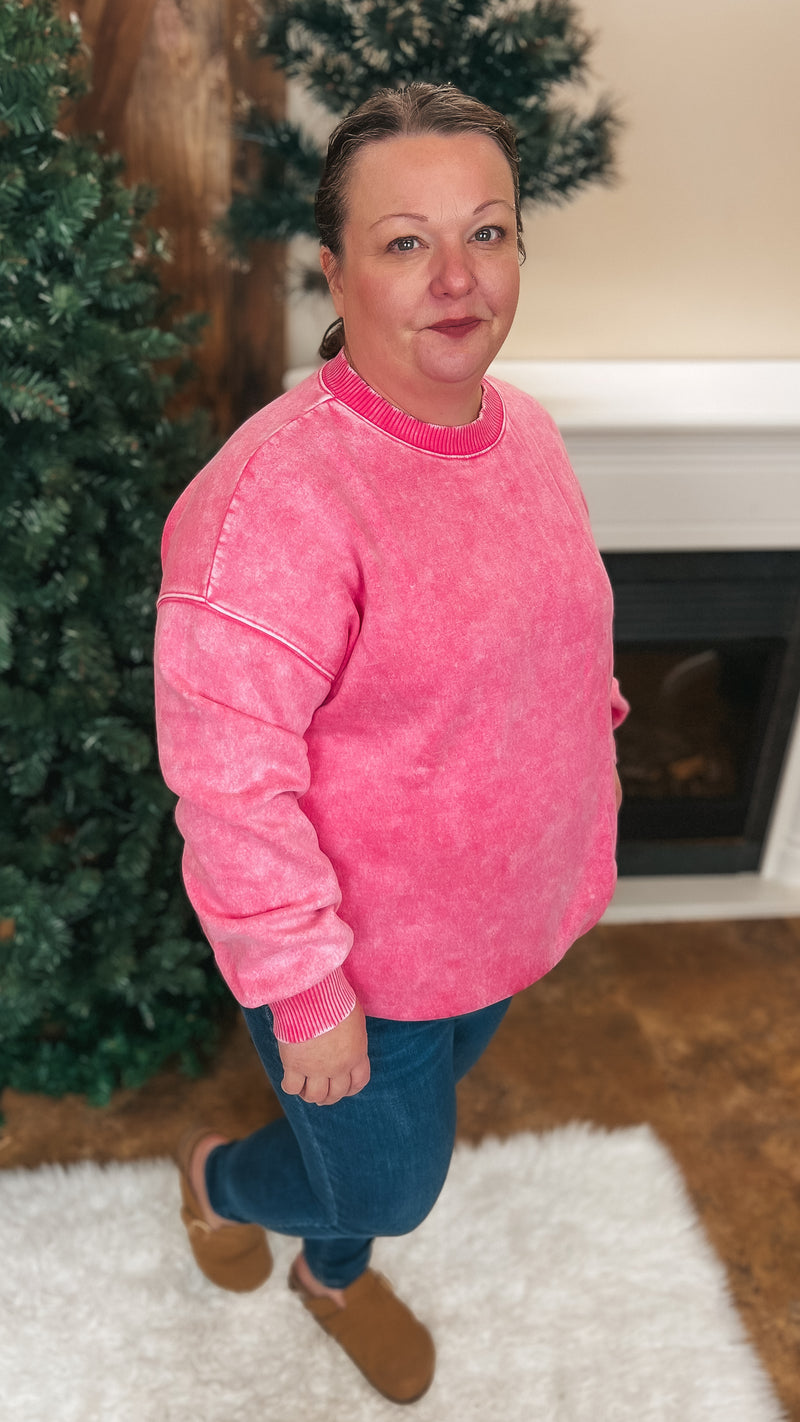 Jade Acid Wash Sweater: Fuchsia