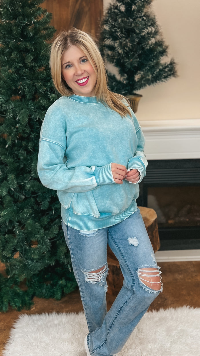 Jade Acid Wash Sweater: Teal