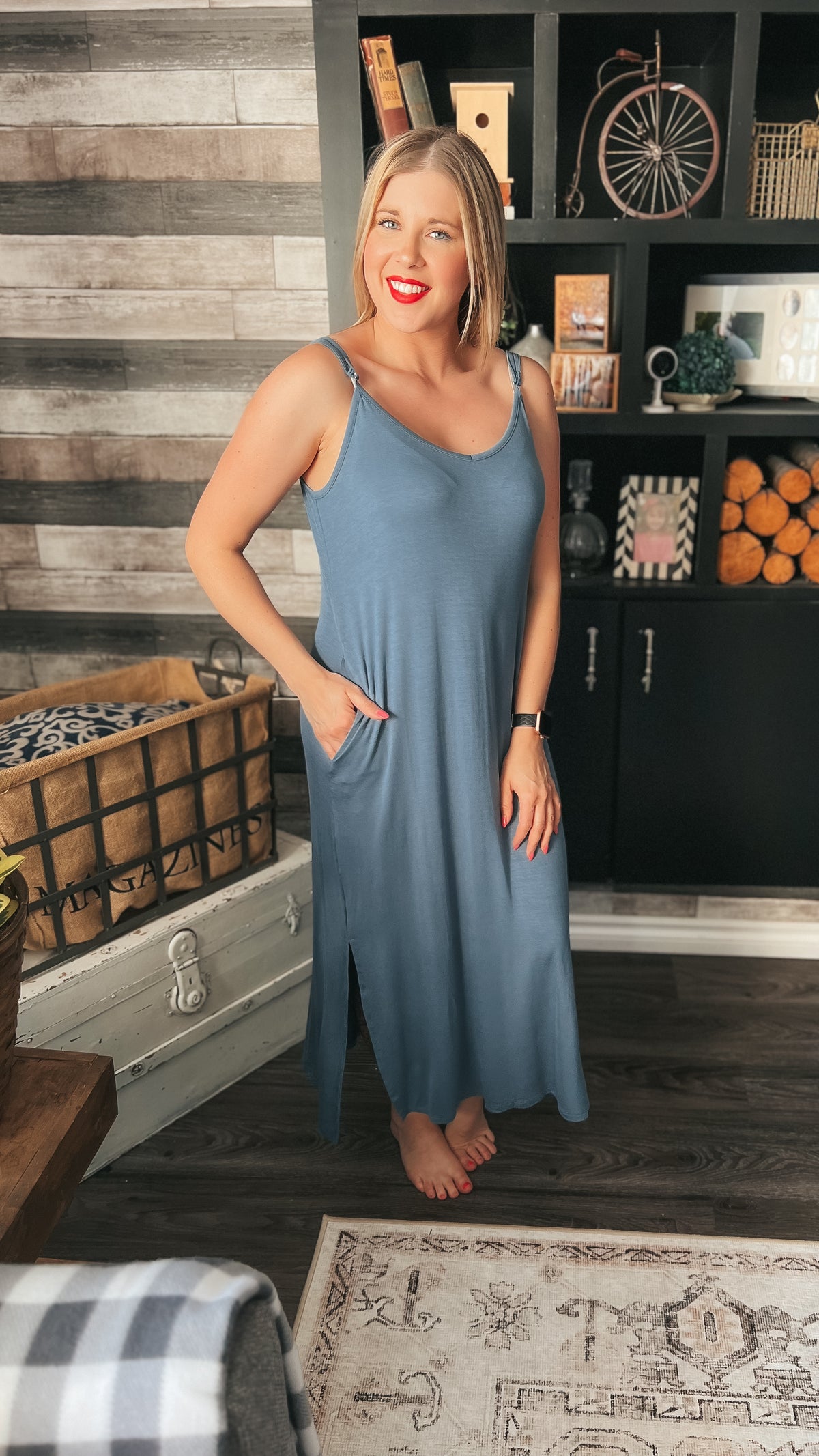 Soft cotton tank top midi dress in blue