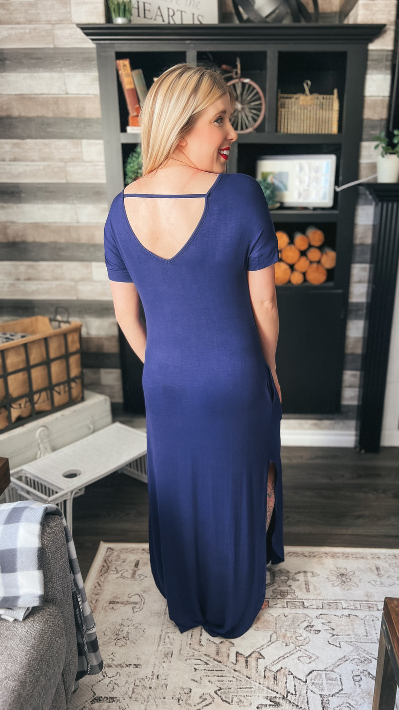 navy blue t-shirt style maxi dress