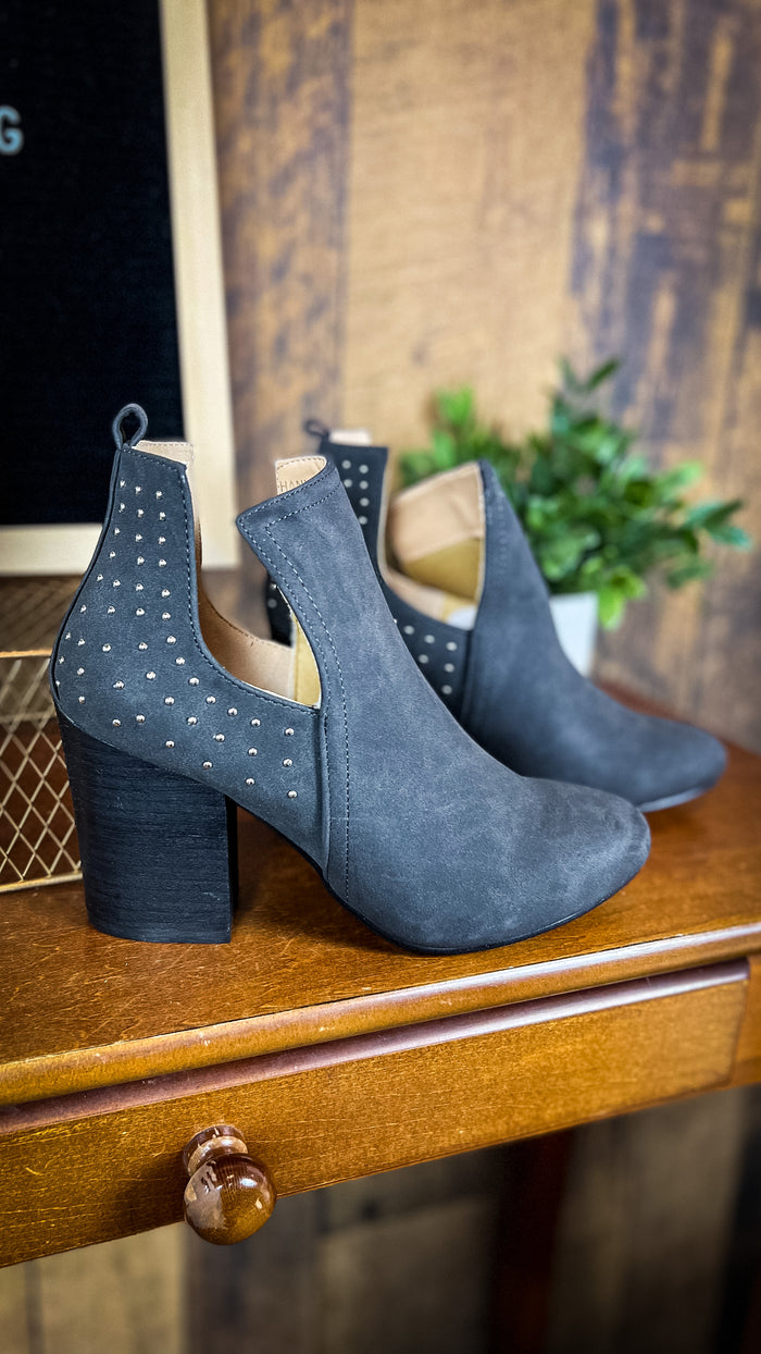 Grey studded ankle booties with chunky heel